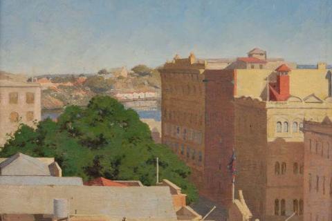A detail view of an oil painting of the Brisbane cityscape as it was in the 1930s; sandstone-coloured buildings are seen under a blue sky.