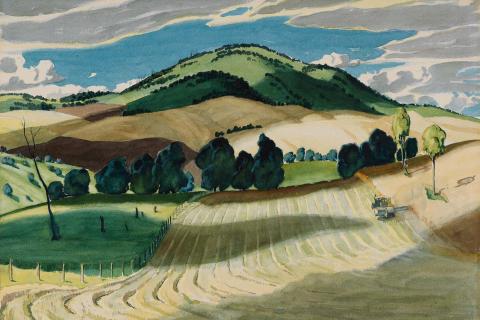  Kenneth Macqueen / Australia NSW 1897 - 1960 / Harvesting scene (detail) c.1956 / Watercolour over pencil on wove paper / Purchased 1956 / Collection: QAGOMA / © QAGOMA / A watercolour landscape depicting rolling fields in shades of green and yellow, with hills in the background shadowed by clouds.