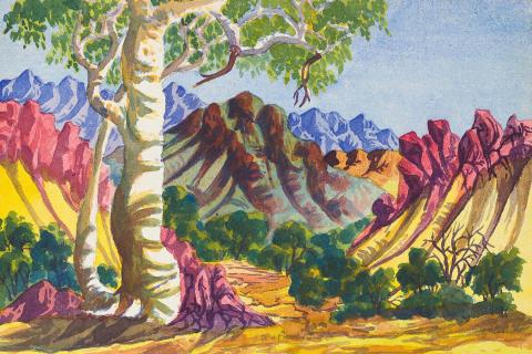 A bright watercolour painting of a landscape in Central Australia, with yellows, pinks, greens and blues.