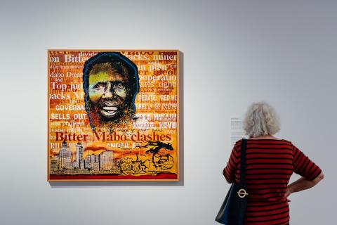 Feature image: John Citizen’s Portrait of Eddie Mabo (After Mike Kelley's "Booth's Puddle" 1985, from Plato's Cave, Rothko's Chapel, Lincoln's Profile) No2 1996, installed for ‘Gone Fishing’, GOMA, November 2023 / © The Estate of Gordon Bennett / Photograph: J Ruckli, QAGOMA