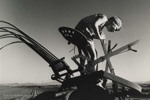 A black-and-white photo of a young boy on a tractor