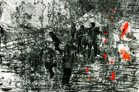 A drypoint print made with black tones and orange highlights