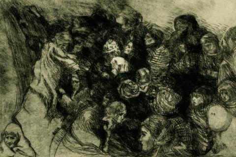 A dark-toned drypoint print depicting a scene of war