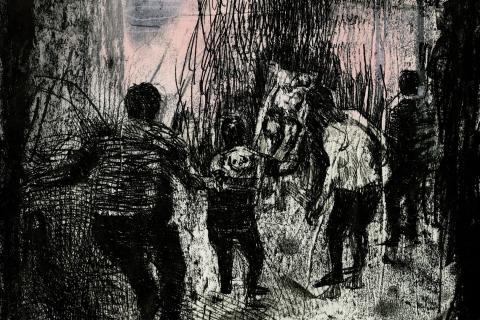 A drypoint print made with black and pink tones