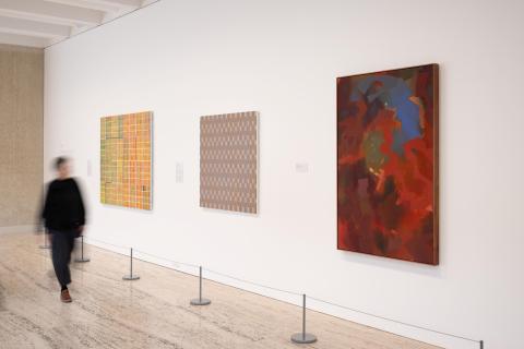 An installation view of three abstract paintings on a white gallery wall