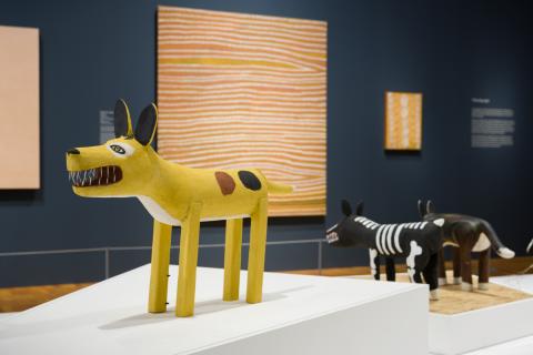 Works by (l–r) Garry Namponan, Mick Namarari Tjapaltjarri, Craig Koomeeta and Jack Bell, installed at QAG for 'Great and Small', July 2025 / © The artists / Photograph: C Callistemon, QAGOMA