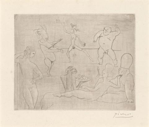 Pablo Picasso / Spain 1881–1973 / La Danse Barbare (Devant Salomé et Hérode) (from 'La Suite des Saltimbanques' series) 1905, printed 1913 / Drypoint on wove paper / Purchased 2022 with funds from the Henry and Amanda Bartlett Trust through the QAGOMA Foundation / © Succession Picasso/Copyright Agency