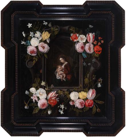 Artwork Madonna and Child encircled by roses this artwork made of Oil on oak panel, created in 1650-01-01