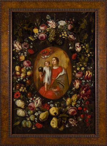 Artwork Madonna and Child encircled by flowers and fruit this artwork made of Oil on oak panel, created in 1610-01-01