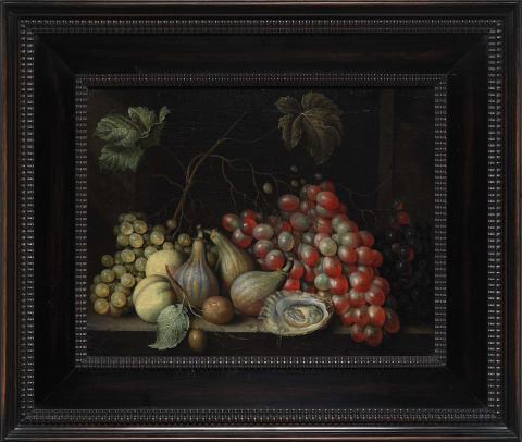 Artwork Still life (fruit and oyster) this artwork made of Oil on canvas, created in 1650-01-01