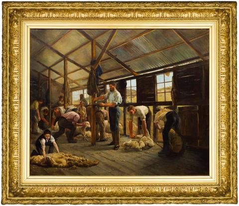 Artwork Woolshed, New South Wales this artwork made of Oil on canvas, created in 1890-01-01