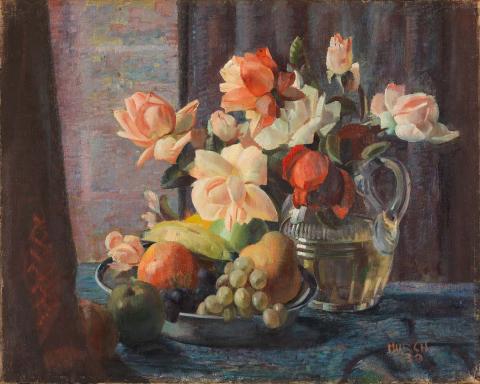 Artwork Still life - flowers and fruit this artwork made of Oil on canvas, created in 1930-01-01