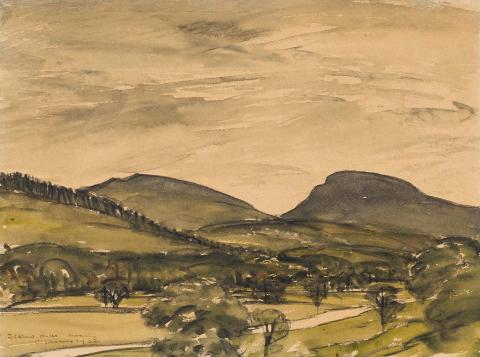 Artwork Sidlaw Hills, morning this artwork made of Watercolour and gouache over charcoal on thin wove paper, created in 1930-01-01