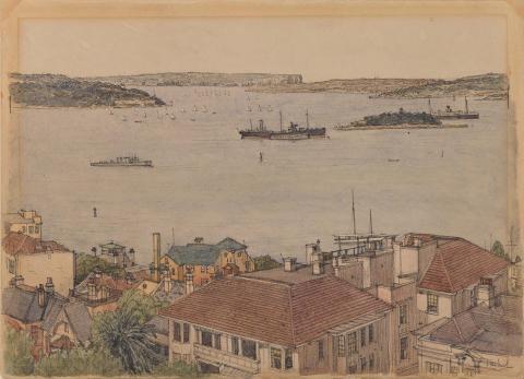 Artwork The harbour from Potts Point, Sydney this artwork made of Watercolour and pencil on thick wove paper, created in 1932-01-01