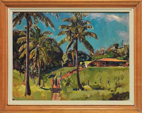 Artwork The pathway to Banfield's old home (Dunk Island) this artwork made of Oil on canvas on composition board, created in 1935-01-01