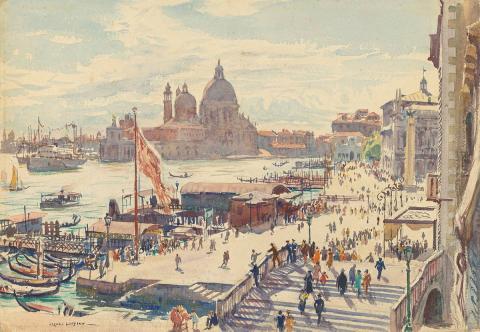 Artwork The Riva, Venice this artwork made of Watercolour and gouache over pencil on cardboard, created in 1923-01-01
