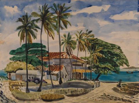 Artwork Thursday Island pub this artwork made of Watercolour over pencil on wove paper mounted on cardboard, created in 1943-01-01