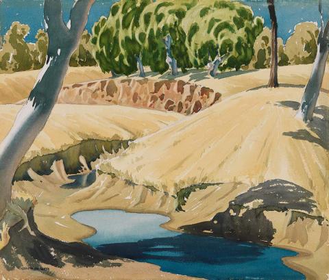 Artwork The Five Mile Creek this artwork made of Watercolour over pencil on wove paper, created in 1937-01-01