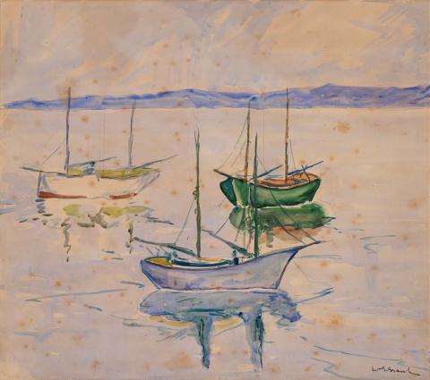 Artwork Boats this artwork made of Watercolour over pencil on wove paper mounted on cardboard, created in 1945-01-01