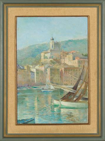 Artwork Evening scene, Rapallo, Italian Riviera this artwork made of Oil on canvas on composition board on wood, created in 1908-01-01
