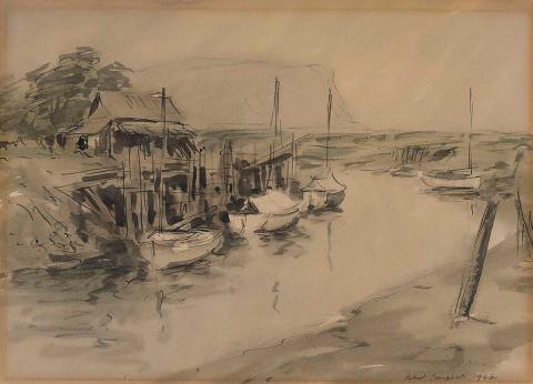 Artwork Wet day, Wynyard (Tasmania) this artwork made of Watercolour over charcoal on wove paper, created in 1946-01-01