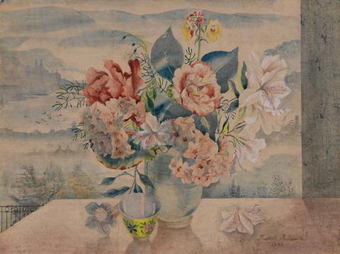 Artwork Misty morning and flowers this artwork made of Watercolour over pencil on wove paper on cardboard, created in 1948-01-01