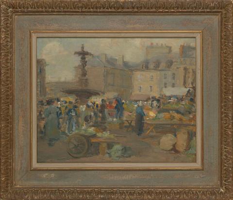 Artwork Market Place, Cherbourg this artwork made of Oil on wood, created in 1918-01-01