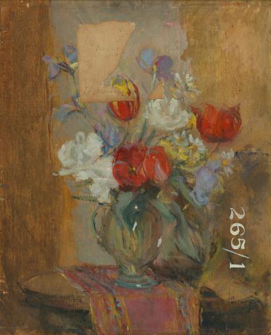 Artwork (Still life sketch) this artwork made of Oil on wood, created in 1918-01-01