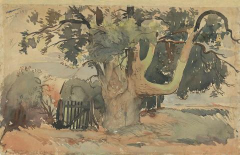 Artwork (Landscape with tree and gate) this artwork made of Watercolour on paper