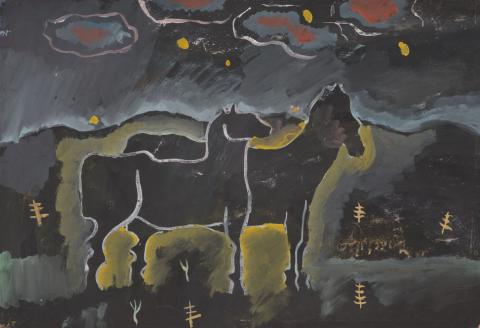 Artwork (Horses) this artwork made of Gouache on black card, created in 1933-01-01