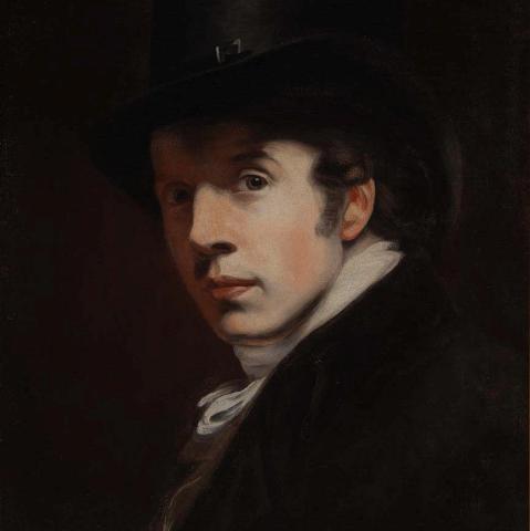 A dark oil painting that depicts the face of a man in late 18th century dress; he looks out from the shadow of the portrait directly at the viewer.