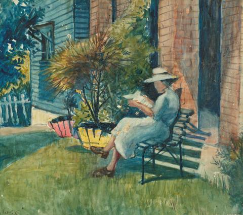 Artwork (Woman sitting on a garden seat reading) this artwork made of Watercolour on cardboard, created in 1940-01-01
