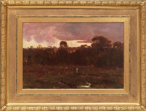 Artwork June evening, Box Hill this artwork made of Oil on canvas laid down on composition board, created in 1887-01-01