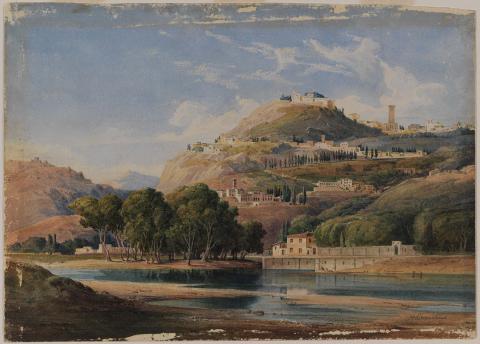 Artwork Fiesole and the river Arno this artwork made of Watercolour over pencil on wove paper, created in 1861-01-01