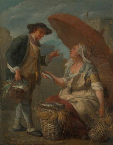 Artwork (The fish seller) this artwork made of Oil on wood panel, created in 1785-01-01
