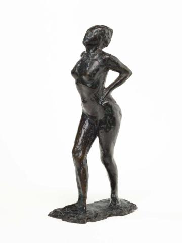 Artwork Danseuse au repos, les mains sur les hanches, jambe droite en avant, première étude (Dancer at rest, hands on her hips, right leg forward, first study) this artwork made of Bronze, created in 1882-01-01