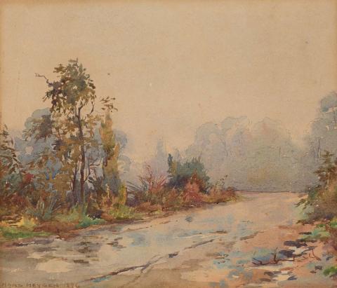 Artwork A misty morning this artwork made of Watercolour over pencil on wove paper on cardboard, created in 1896-01-01
