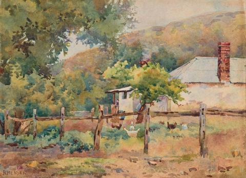 Artwork Landscape (farmhouse and yard with chickens) this artwork made of Watercolour over pencil on wove paper, created in 1905-01-01