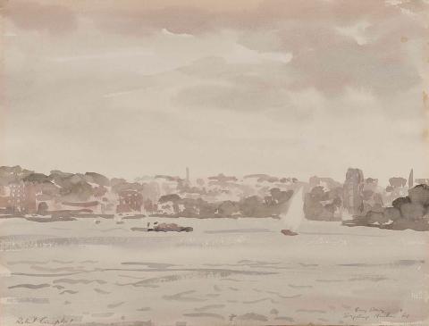 Artwork Grey day, Sydney Harbour this artwork made of Watercolour on wove paper, created in 1961-01-01