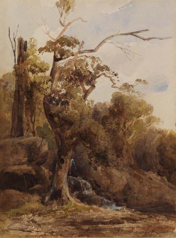 Artwork At Mount Macedon this artwork made of Watercolour and gouache over pencil on smooth wove paper mounted on cardboard, created in 1880-01-01