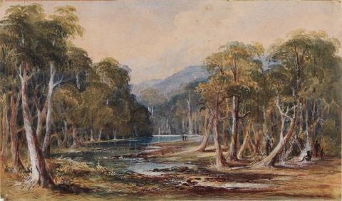 Artwork River scene (Aborigines in foreground) this artwork made of Watercolour on wove paper