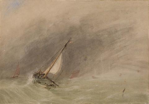 Artwork Untitled (yachting in stormy weather) this artwork made of Watercolour over pencil on thin wove watercolour paper, created in 1864-01-01
