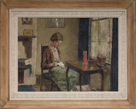 Artwork Interior with seated woman this artwork made of Oil on canvas on composition board, created in 1935-01-01