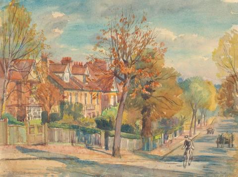 Artwork Winchester Road, Bromley this artwork made of Watercolour and gouache over pencil on wove paper mounted on cardboard, created in 1925-01-01