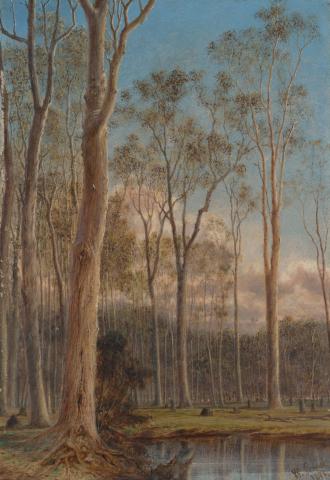 Artwork (Bush landscape) this artwork made of Oil on composition board, created in 1891-01-01