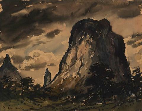 Artwork Storm sweeping on Glasshouse Mountains this artwork made of Watercolour on laid paper mounted on cardboard, created in 1949-01-01