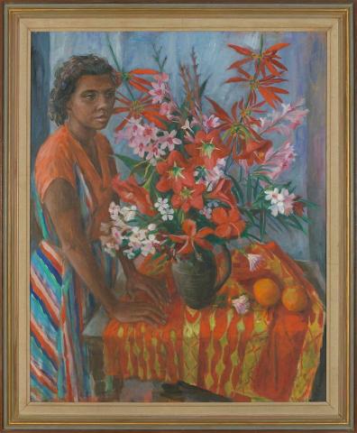 Artwork Susan with flowers this artwork made of Oil on canvas, created in 1962-01-01