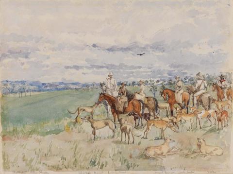 Artwork Starting out kangaroo hunting this artwork made of Watercolour over pencil on wove paper, created in 1884-01-01