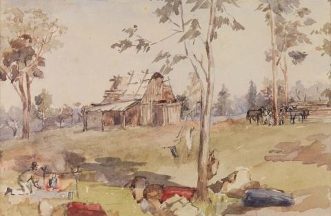Artwork The 13 mile hut and camp this artwork made of Watercolour over pencil on wove paper, created in 1884-01-01