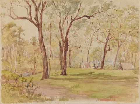 Artwork Early morning, the stockyard contractor's camp, Alpha this artwork made of Watercolour over pencil on wove paper, created in 1884-01-01